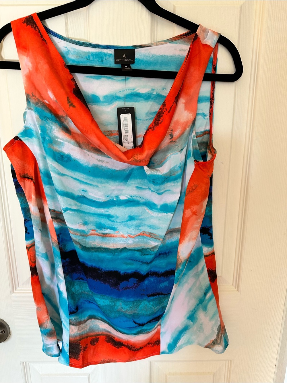 NWT : Worthington Sleeveless Cowl Neck Top - Turquoise & Coral Wave Print